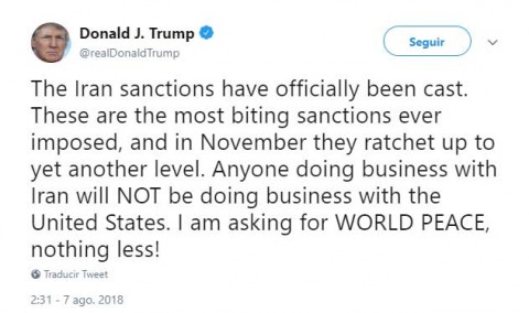 Trump justifica sanciones a Irán por la 'paz mundial'